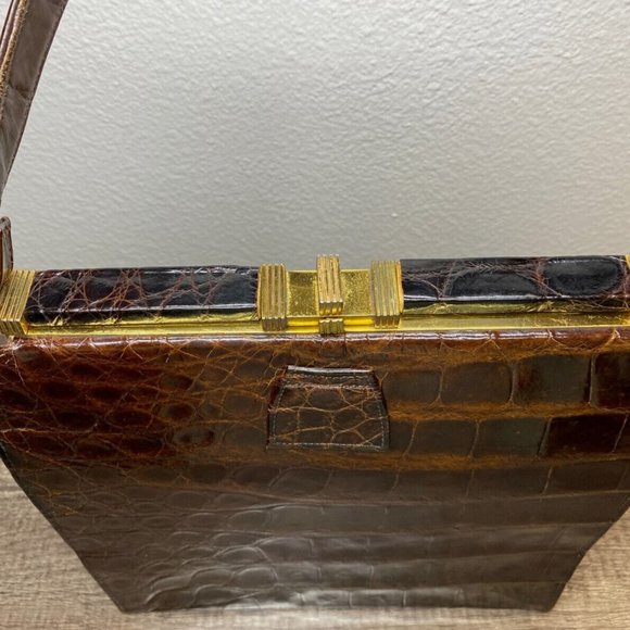 Vintage 1950s Genuine Alligator Crocodile Dark Brown Handbag Rectangular - Picture 6 of 16